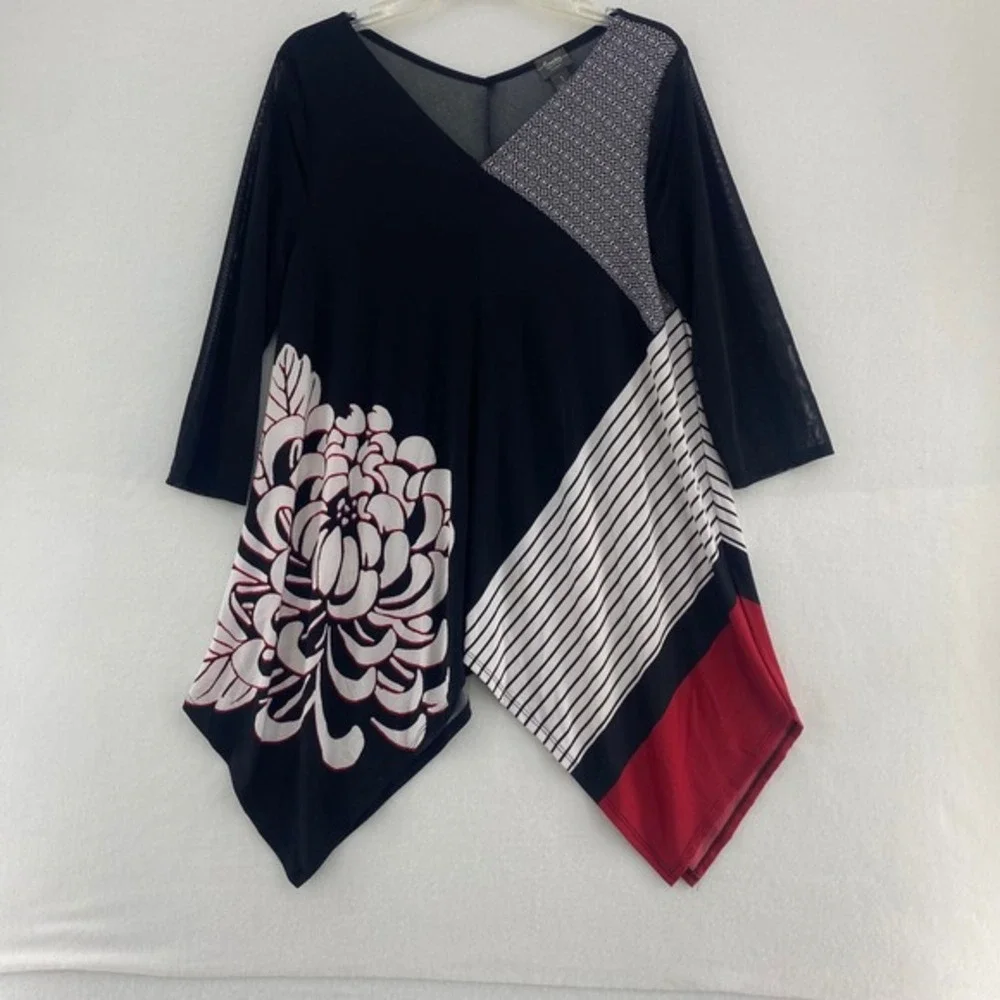 Chico's Travelers Collection 1 Asymmetrical Tunic‎ Floral Stripe Geo Print